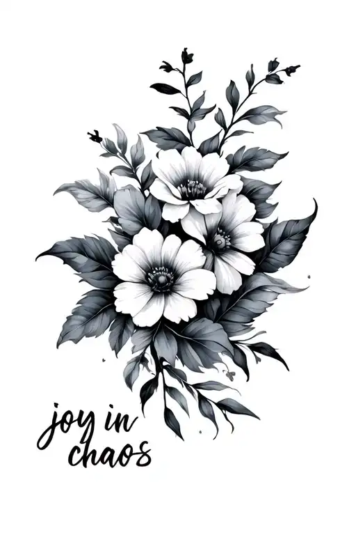 Floral design with cursive writing underneath saying "joy in chaos" tattoo design idea