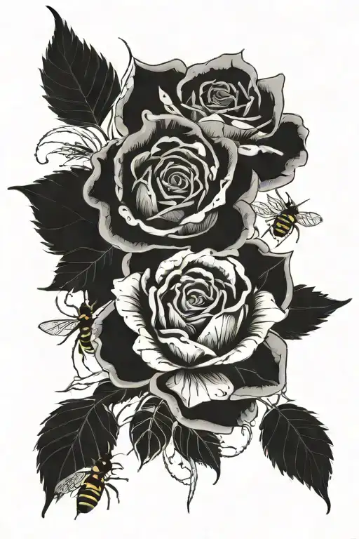 A blackwork tattoo of a detailed rose intertwined with sunflowers and honeybees, symbolizing the beauty and sweetness of nature tattoo design idea