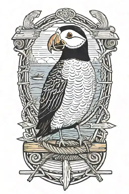 male puffin perched on round wood dock pilings with rope wrapped. An old scandinavian viking ship at sea background tattoo design idea