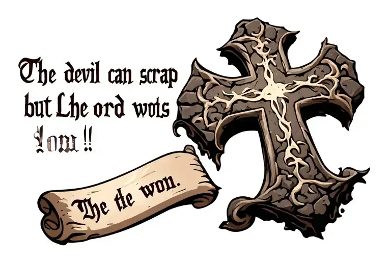 cobblestone cross with writing "the devil can scrap but the Lord has won" in old font on a scroll. tattoo design idea