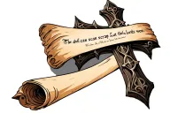 cobblestone cross with writing "the devil can scrap but the Lord has won" in old font on a scroll. tattoo design idea