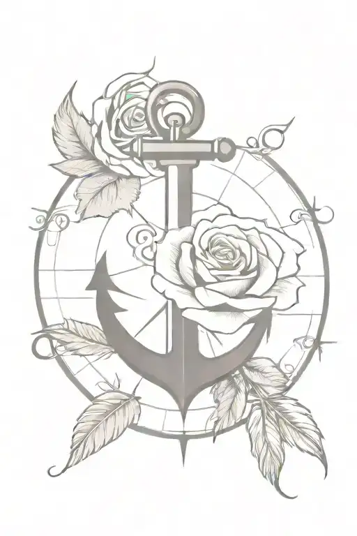 anchor, rose, compass, feathers tattoo design idea