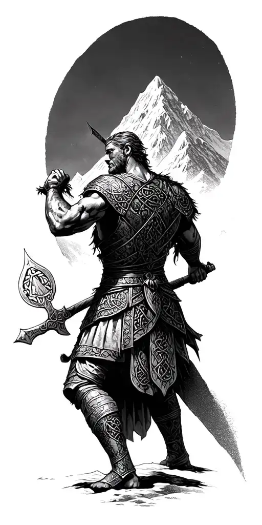 A historical Celtic warrior battling against a mountain backdrop, symbolizing resilience and determination tattoo design idea