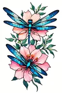 dragonflies with stained glass wings intertwined  with belladonna and oleander flowers tattoo design idea