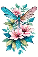 dragonflies with stained glass wings intertwined  with belladonna and oleander flowers tattoo design idea