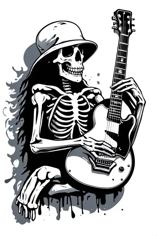 skeleton playing guitar tattoo design idea