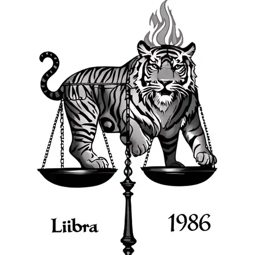 Tiger and libra scale showing balance and fire and music key and oct 1st 1986 in roman letters tattoo design idea