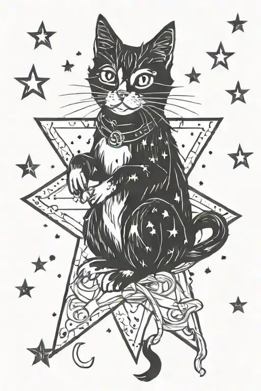 Coraline cat sitting with stars shining tattoo design idea