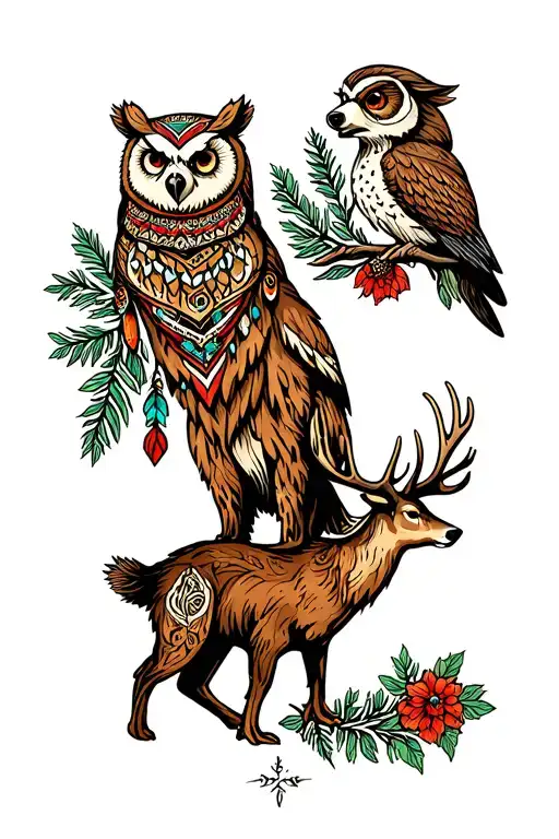 bear and owl and deer totem  tattoo design idea