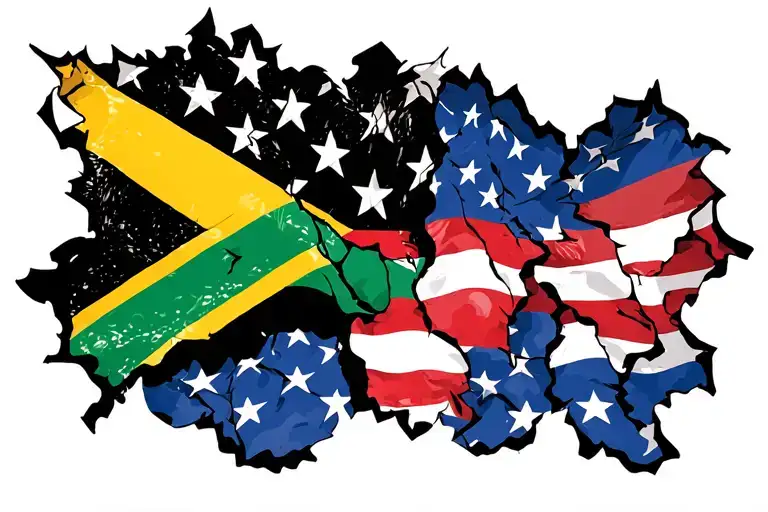 Jamaican flag intertwined with American flag torn skin tattoo design idea