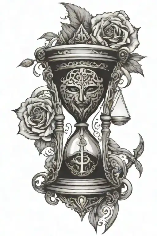 Hour glass surrounded with jesus or a cross and the word sonder and a black panther incorperted into it. tattoo design idea