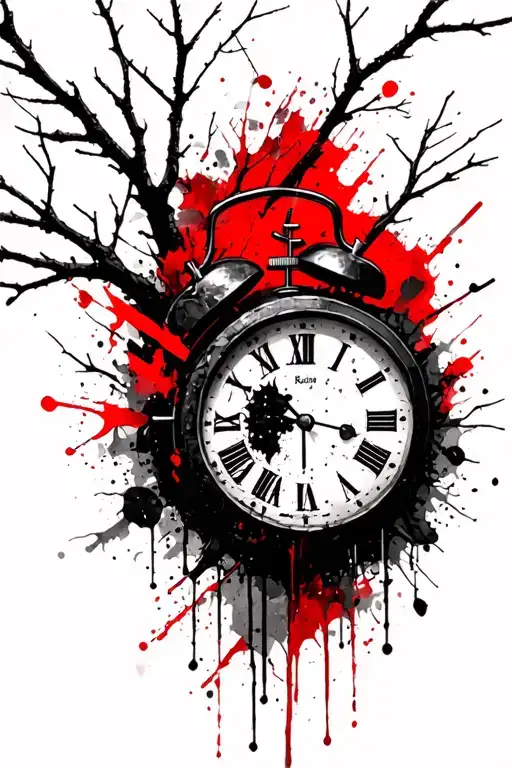 Broken clock tangeled in tree branches tattoo design idea