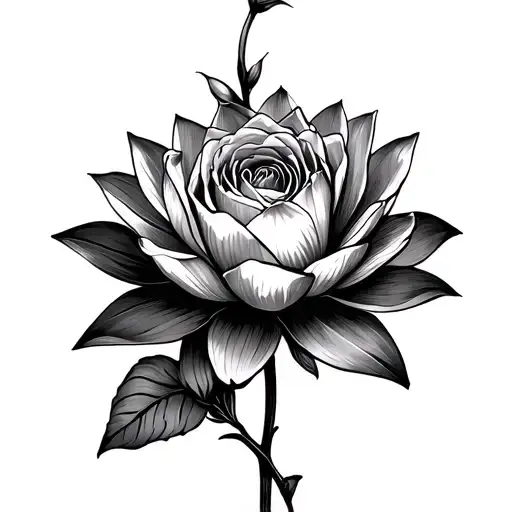 fine line water lily with "Isabella" as the stem intertwined with a rose with "Karina" as the stem tattoo design idea