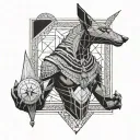 Realistic Anubis holding a scale where one side of the scale has a heart and the other one feather tattoo design idea