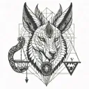 Realistic Anubis holding a scale where one side of the scale has a heart and the other one feather tattoo design idea