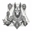 Realistic Anubis holding a scale where one side of the scale has a heart and the other one feather tattoo design idea