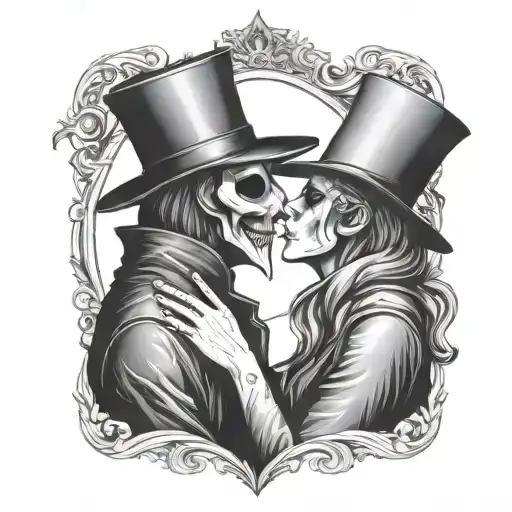 plague doctor with beautiful girl kiss each other with his hand on her neck tattoo design idea