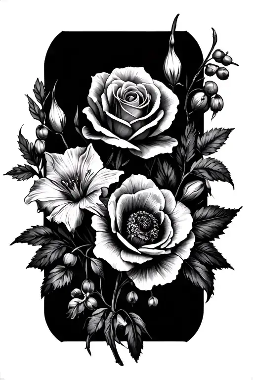 roses, hawthorn, honeysuckles, poppies, lilies, daffodils, and gladiolus tattoo design idea