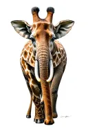 an adult giraffe and elephant with a young giraffe amd even younger elephant tattoo design idea