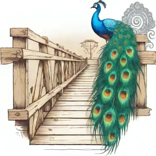 wooden bridge with peacock feather intertwined tattoo design idea
