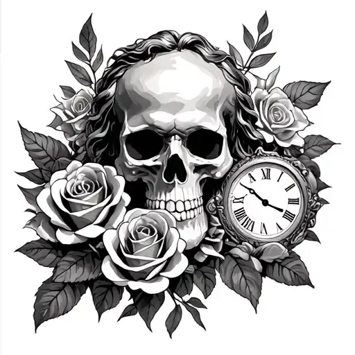 Greek god with skull and roses and a time piece tattoo design idea