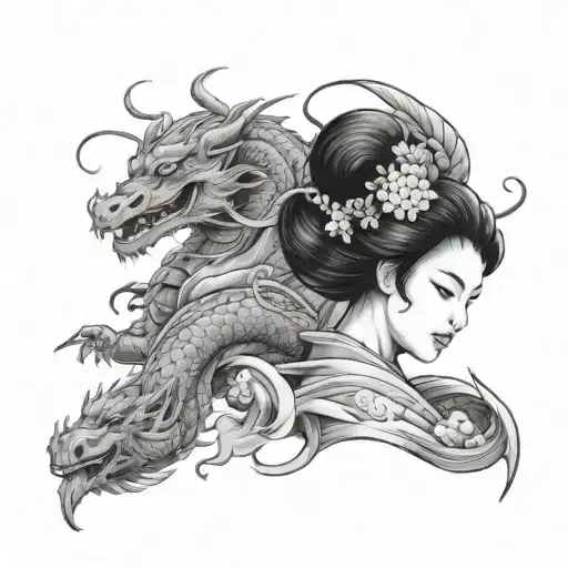 Geisha and Dragon emerging tattoo design idea