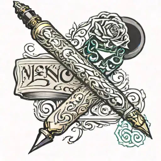 Upper arm and forearm pen with inkwell which writes a note on the inside of the forearm. On the upper arm there are 2 ha tattoo design idea