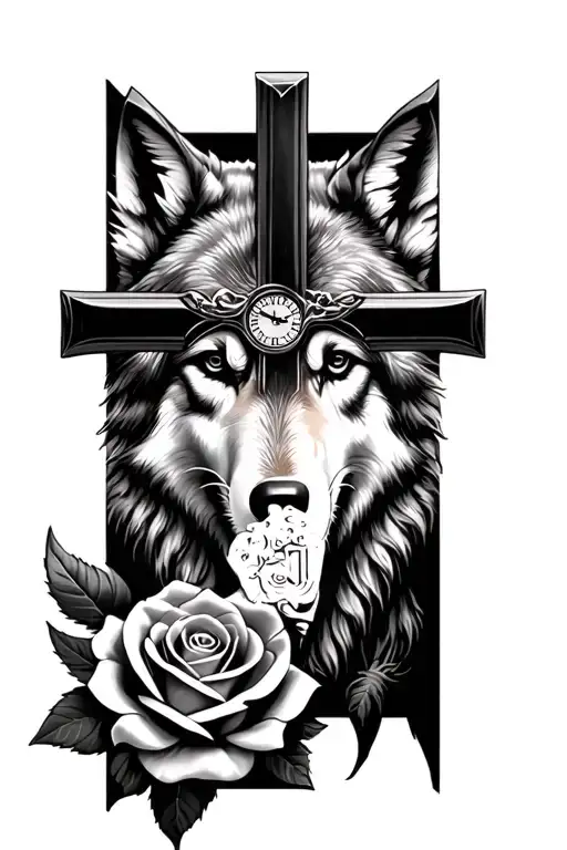 watch, rose, wolf, cross of christ, tattoo design idea