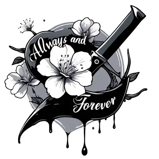 "always and forever" with blood drop cherry blossom intertwined and knife tattoo design idea