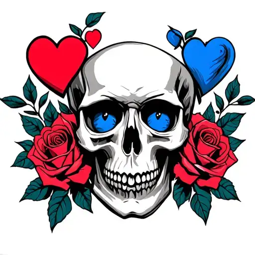 skull and roses with a joint in the mouth and for the eyes, one blue heart and one red heart tattoo design idea