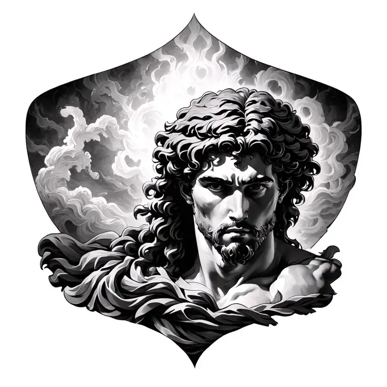 Create a fine line black ink tattoo design for the upper back. The scene depicts a young Zeus in an intense, mythologica tattoo design idea