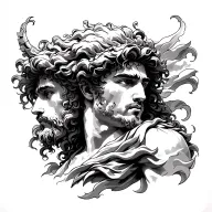 Create a fine line black ink tattoo design for the upper back. The scene depicts a young Zeus in an intense, mythologica tattoo design idea