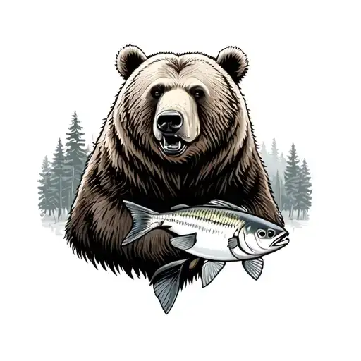 grizzly bear with fish in mouth and forest in background tattoo design idea