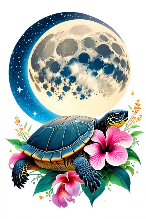 turtle laying on hibiscus and orchids looking up at the moon surrounded by  stars tattoo design idea