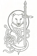 sword with triskel with earth element symbol, a bear head and a Snake head tattoo design idea