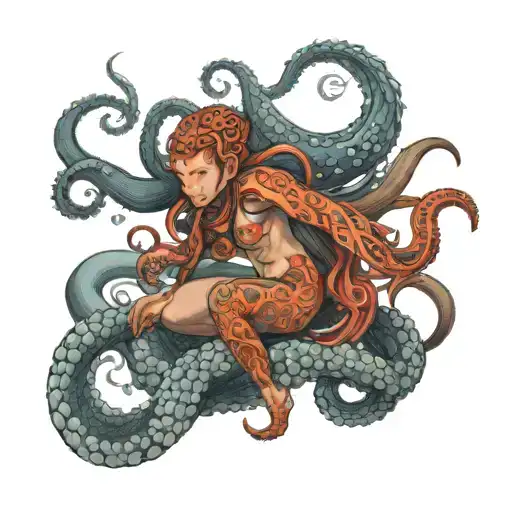 Octopus fight samurai girl nude woman holding tattoo design idea