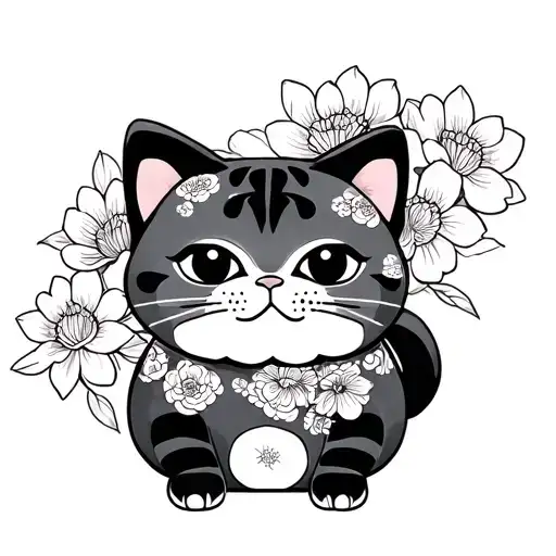 Fluffy cat, Japanese style, flowers, manekineko, Higanbana tattoo design idea