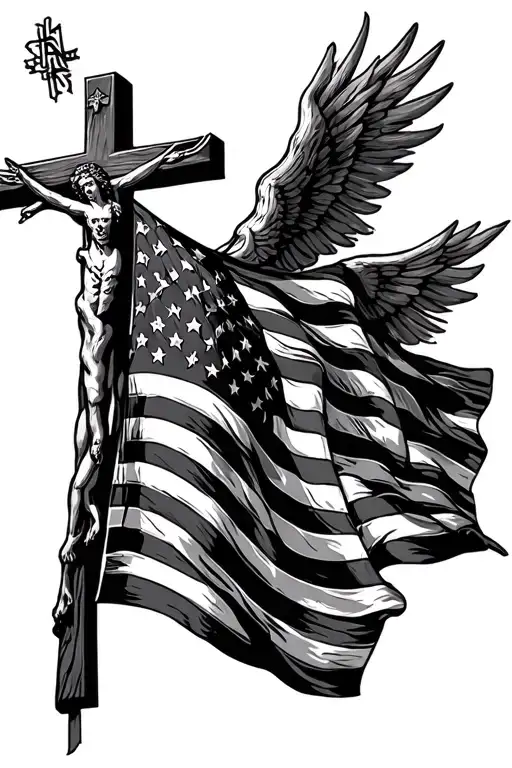 AMERICAN FLAG AND CHRISTIAN CROSS tattoo design idea