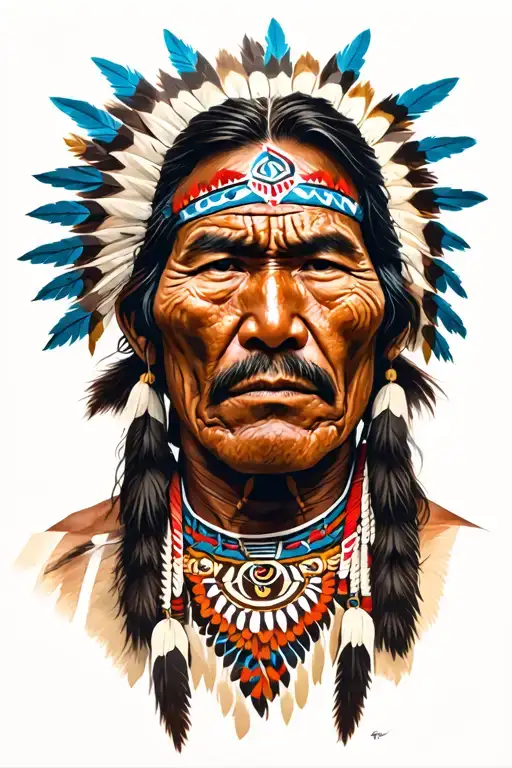eve American Indian man (Hala y) with wrinkles and on his face symbols of their cultures tattoo design idea