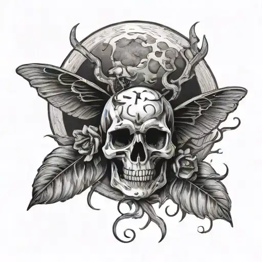 moon and skull with death head moth flying tattoo design idea