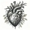 Realistic Human Heart, bleeding, wrapped in thorny branches, bloody, Black Red, Blue, Veins, Vessels, Aorta valve, satan tattoo design idea