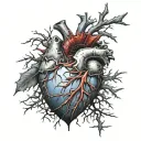 Realistic Human Heart, bleeding, wrapped in thorny branches, bloody, Black Red, Blue, Veins, Vessels, Aorta valve, satan tattoo design idea