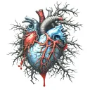 Realistic Human Heart, bleeding, wrapped in thorny branches, bloody, Black Red, Blue, Veins, Vessels, Aorta valve, satan tattoo design idea