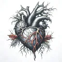 Realistic Human Heart, bleeding, wrapped in thorny branches, bloody, Black Red, Blue, Veins, Vessels, Aorta valve, satan tattoo design idea
