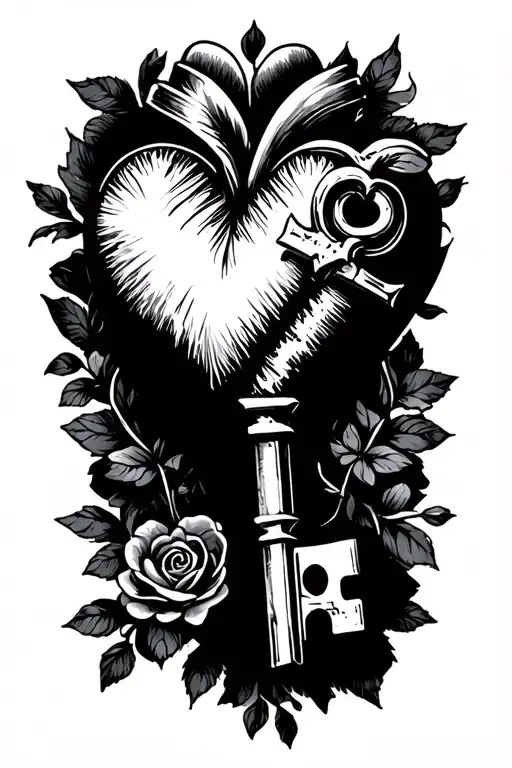 vintage key for love heart tattoo design idea