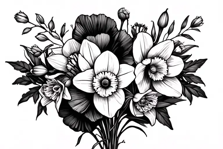 daffodil, gladilous, poppy bouquet wrapped loosely tattoo design idea