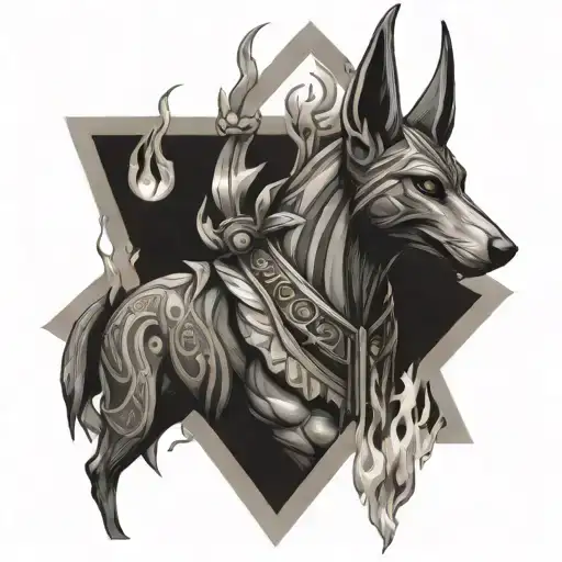 Anubis guiding souls with fire and skulls surrounded tattoo design idea