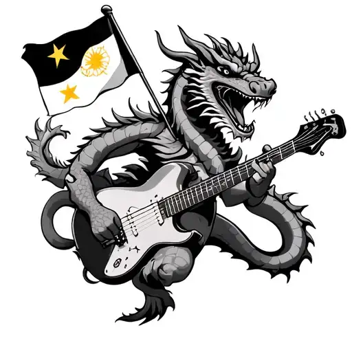 filipino and chinese flag waving attached to a dragon playing the electric guitar  tattoo design idea