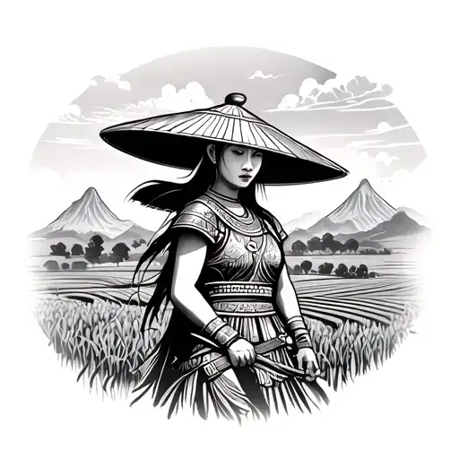 vietnamese women warriors rice fields with mountains with rice hat  tattoo design idea