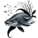 black and grey realism of moray eel swimming with fish around it  tattoo design idea